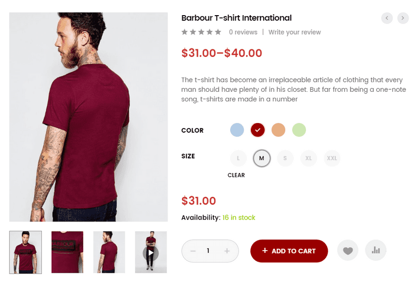 Zrzut ekranu przedstawiający mężczyznę prezentującego ubrania na sprzedaż w sklepie internetowym bazującym na WooCommerce wtyczka  Variation Swatches for WooCommerce pozwala na zmianę rozmiaru oraz koloru dostępnych towarów
