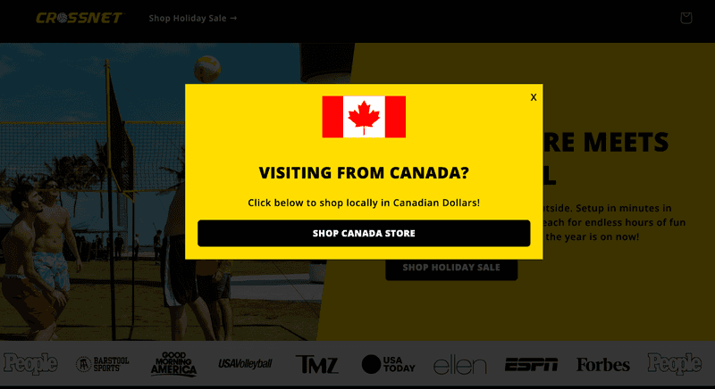 Ejemplo de ventana emergente de un eCommerce internacional canadiense.