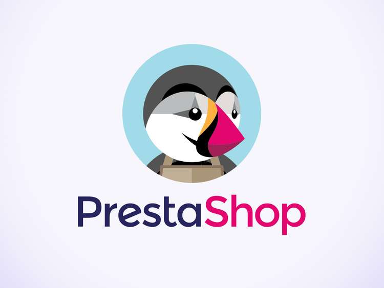 Grafika przedstawia pingwina w okręgu który oznacza logo PrestaShop czyli platformy eCommerce do zakładania sklepu online pod nim widnieje fioletowy napis Presta a obok  niego różowe Shop Zwierzę ma różowy dziób i czarne oczy oraz biało czarne upierzenie tło grafiki jest delikatnie różowe Tytuł: PrestaShop: czym jest, zalety, wady platformy oraz jak założyć na niej sklep online