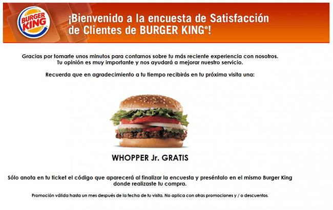 Encuesta de satisfacción de Burger King.