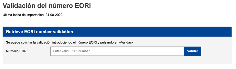 Página para la validación de un número EORI de una empresa