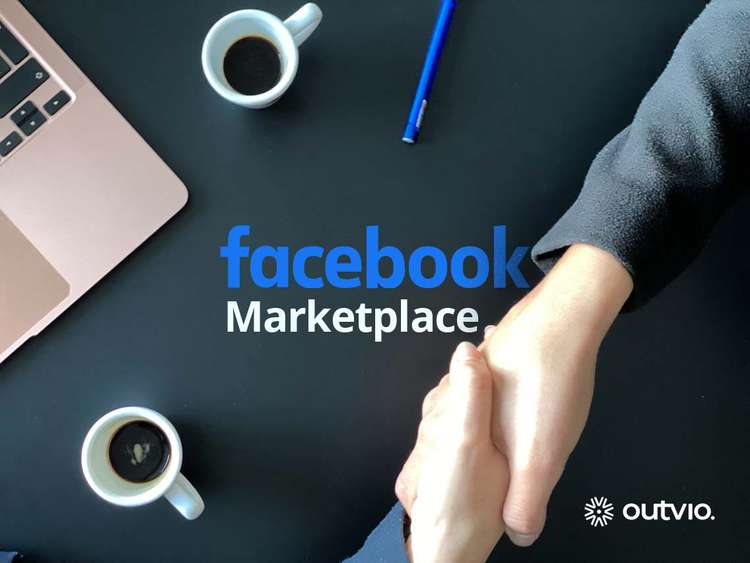 Zbliżenie na uścisk pary rąk symbolizujący udany zakup w Facebook Marketplace w centrum grafiki widnieje napis facebook Marketplace