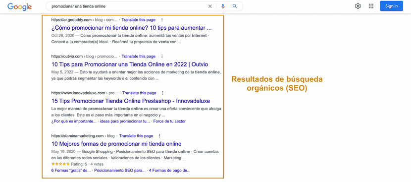 Resultados orgánicos de una búsqueda en Google.