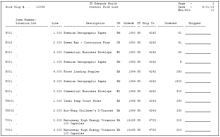 picking list example