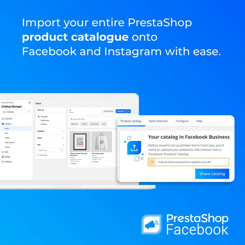 Grafika przedstawiająca moduł PrestaShop Facebook dzięki któremu sprzedawcy internetowi mogą  udostępnić produkty na Facebooku i Instagramie i zwiększyć sprzedaż sklepu online na PrestaShop