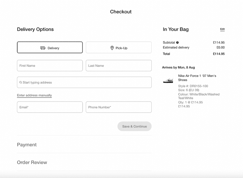 nike checkout page example