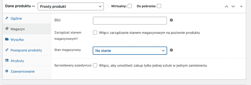 Zrzut ekranu WooCommerce pokazujący opcję dodawania produktu Magazyn w której sprzedawcy sklepów internetowych mogą  dodać numer towaru SKU zadecydować o stanie magazynowym zarządzanie stanem magazynowym