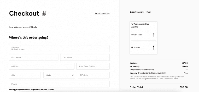 glossier multi-page checkout