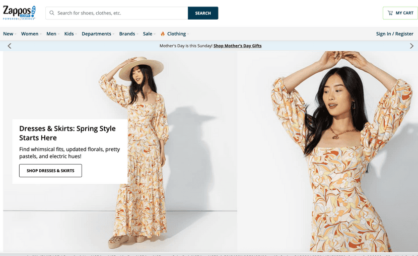 Zappos strona główna strony sprzedającej ubrania i buty ze zwrotem 365 dni