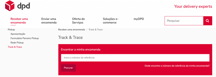 Página de tracking da dpd portugal