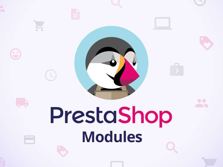 Grafika przedstawia logo PrestaShop, czyli platformy eCommerce do zakładania sklepów online, w centralnej części grafiki widnieje pingwin z różowym dizobem oraz szarym upierzeniem, tło grafiki jest różowe i widnieją na nim uśmiechnięte buzie, samochody, karty kredytowe i koszyki zakupowe, Pod napisem PrestaShop widnieje napis Modules co oznacza po polsku moduły grafika odnosi się do atykułiu opisującego najlepsze moduły do danego CMS wg kategorii