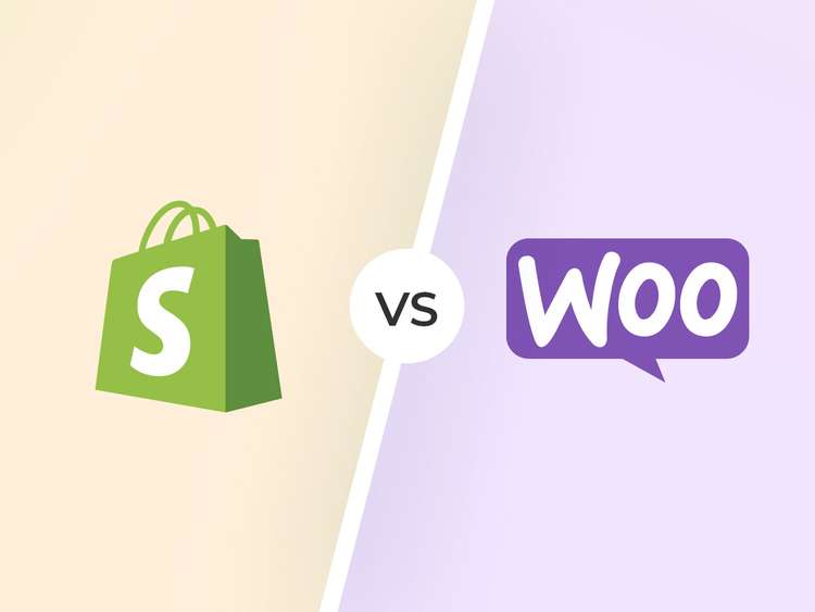 Logotypy systemów CMS Shopify i WooCommerce., porównanie platform CMS do sprzedaży w internecie.