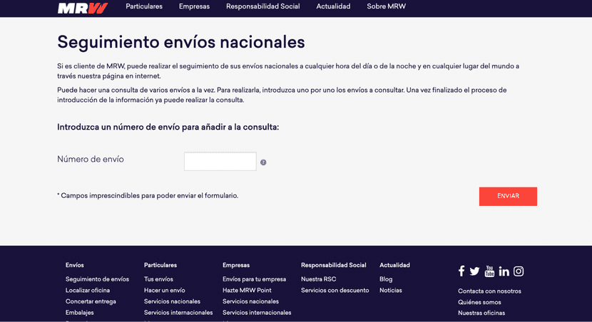 Portal de seguimiento de envío de MRW.