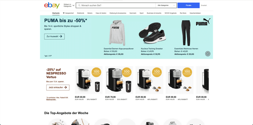 Landingpage des E-Commerce eBay