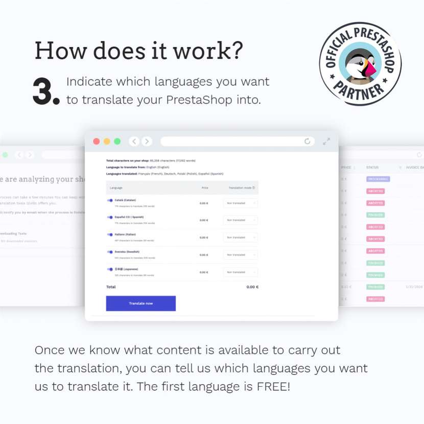 Grafika przedstawia adon do PrestaShop Glotio-Przetłumacz swój PrestaShop na ponad 50 języków dzięki któremu można przetłumaczyć sklep online na platformie PrestaShop na 50 różnych języków 
