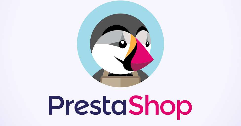 Grafika przedstawia pingwina w okręgu który oznacza logo PrestaShop czyli platformy eCommerce do zakładania sklepu online pod nim widnieje fioletowy napis Presta a obok  niego różowe Shop Zwierzę ma różowy dziób i czarne oczy oraz biało czarne upierzenie tło grafiki jest delikatnie różowe Tytuł: PrestaShop: czym jest, zalety, wady platformy oraz jak założyć na niej sklep online