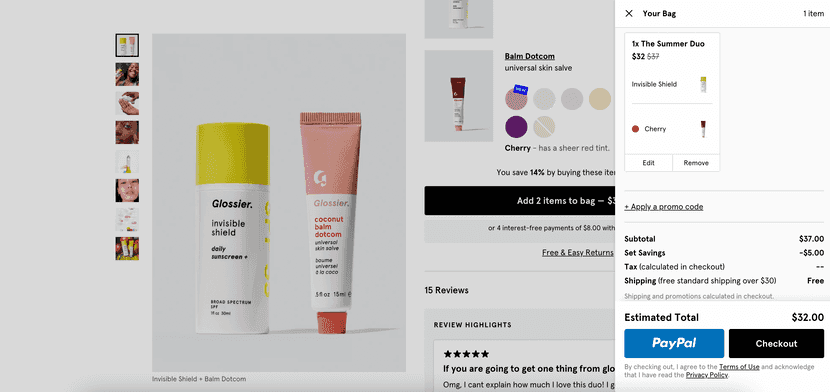 glossier express checkout option