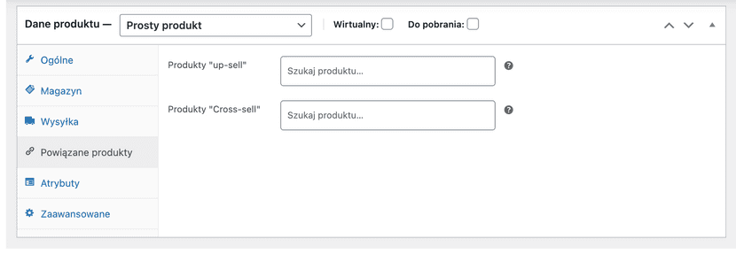 Zrzut ekranu  przedstawiający Powiązane produkty czyli opcję w WooCommerce przy dodawaniu produktu do sklepu internetowego działającego na CMS WordPress