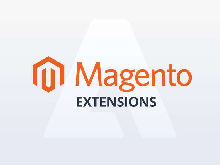 najlepsze rozszerzenia dla magento w 2022 roku grafika przedstawia pomarańczowy napis Magento po lewej stronie jego logo a pod nim czarny napis extensions oznaczający rozszerzenia dla tej platformy eCommerce