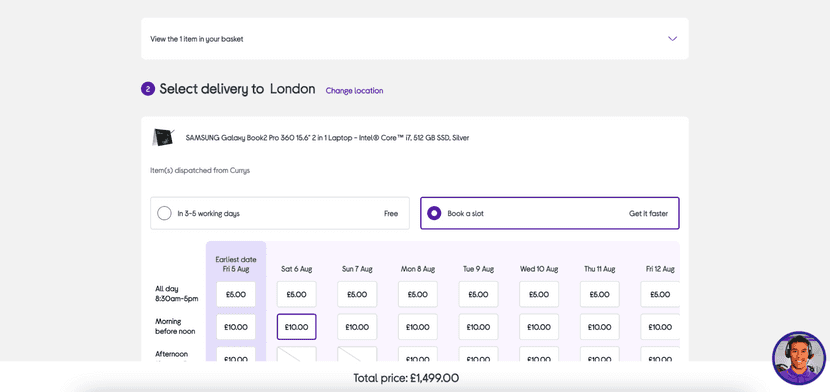 currys delivery options in the checkout page